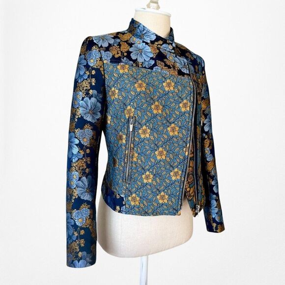 Zara Blue Yellow Floral Embroidered Shoulder Padded Blazer Jacket Size XS - Picture 5 of 7